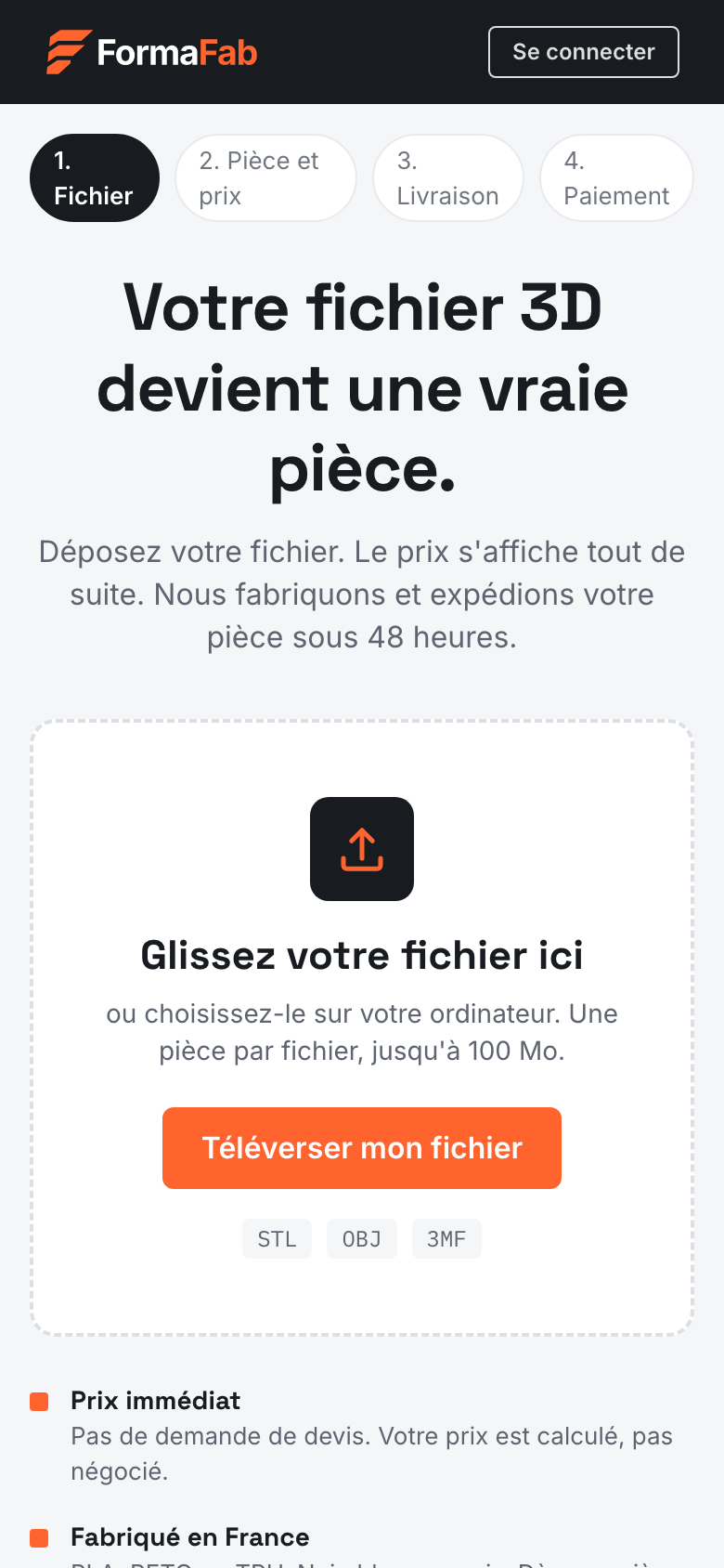 Le dépôt d’un fichier depuis un téléphone : la pièce apparaît, avec ses dimensions et son volume.