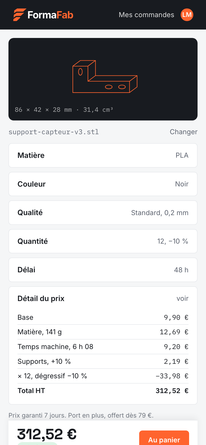 Le détail d’un prix ferme : base, matière, temps machine, supports, quantité, et le total.