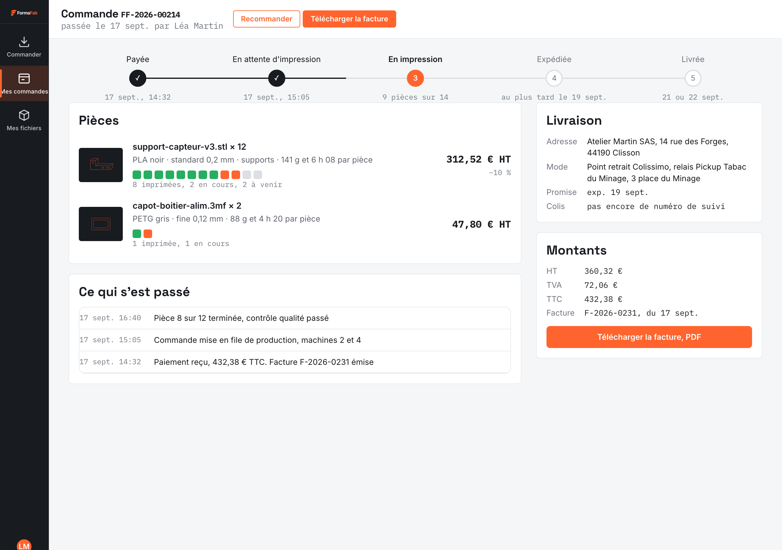 Le suivi d’une commande : son étape en cours, la date d’expédition prévue, et le détail de chaque pièce.